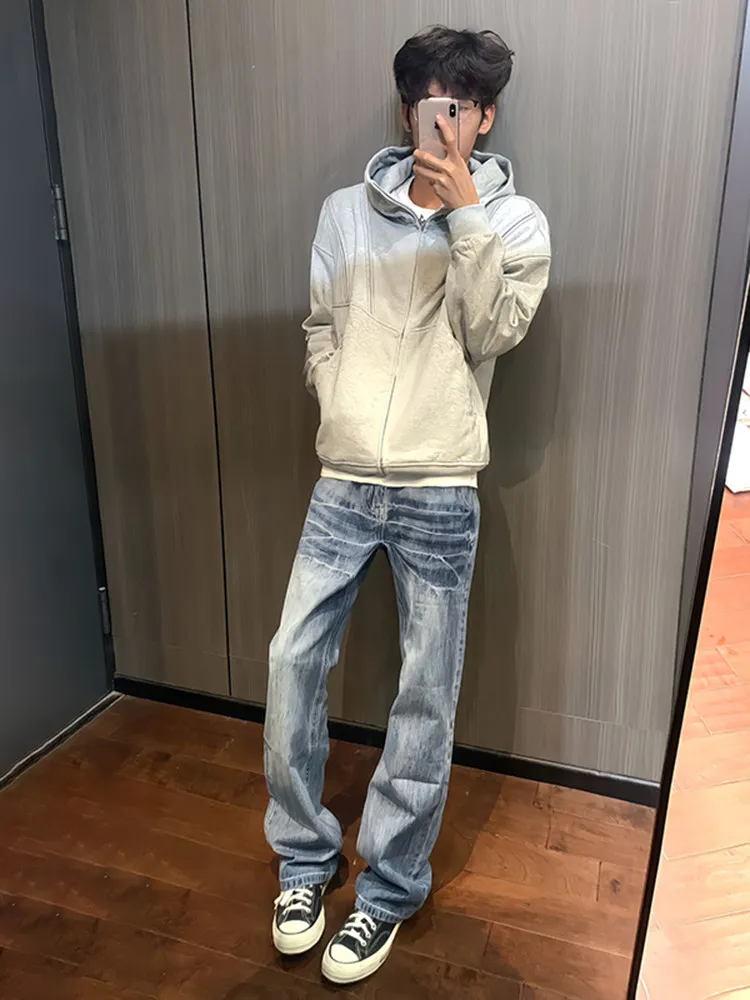 

American Sle Lightning Pattern Bell Bot Jeans Men's High Street Spring Autumn Waed Advanced Dungarees Straight Leg Jeans
