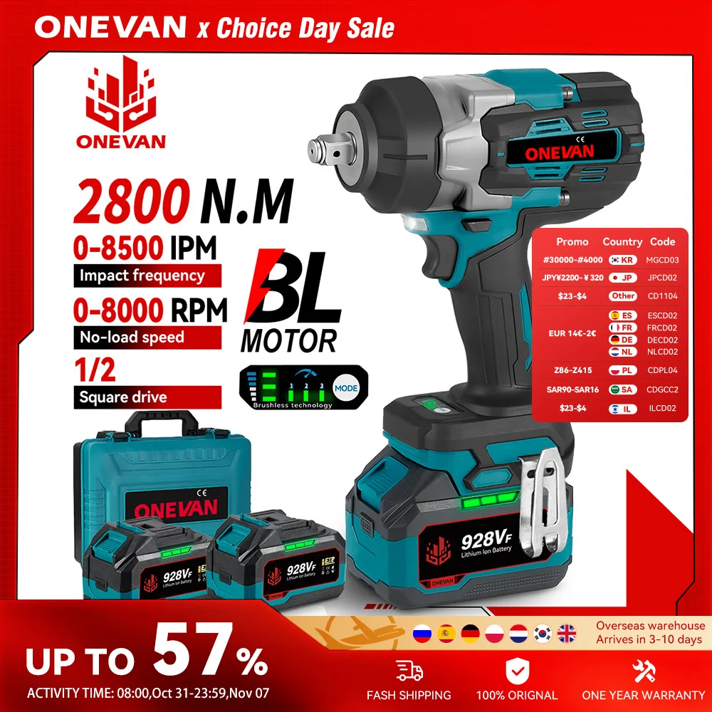ONEVAN 2800N.M Brushless Electric Impact Wrench 1/2Inch Cordless Torque Wrench Screwdriver Power Tool For Makita 18V Battery Pin