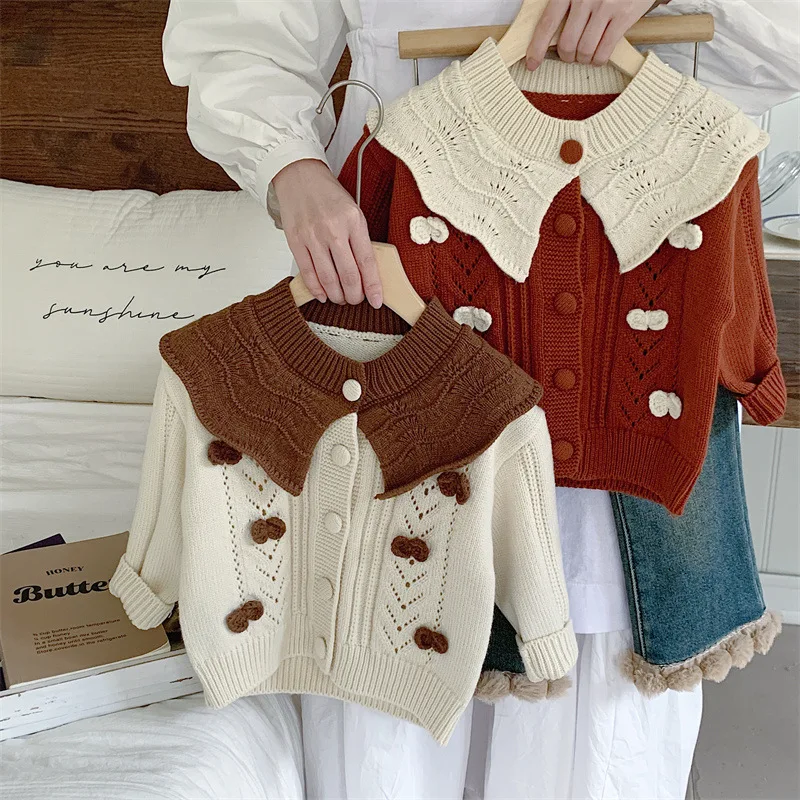 

Autumn Children Girl Knitted Cardigan Toddler Baby Girl Peter Pan Collar 3D Flowers Single Breasted 1-6Y Girls Outerwear Sweater