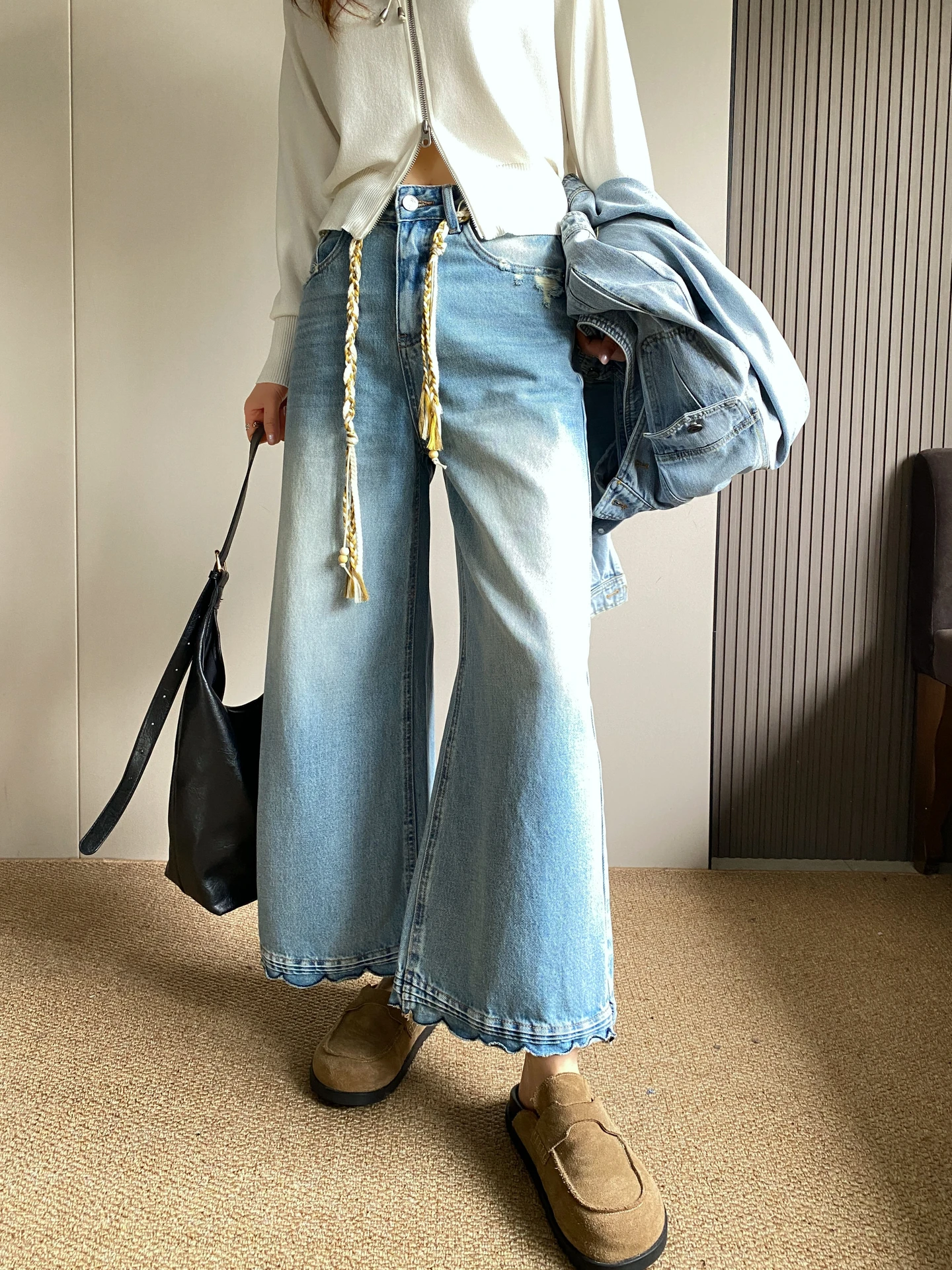 

High Waist Wide Leg Denim Jeans Women's Spring New Sle Loose Slimming Nine Point Straight Tube Pants Flared Bla Trim