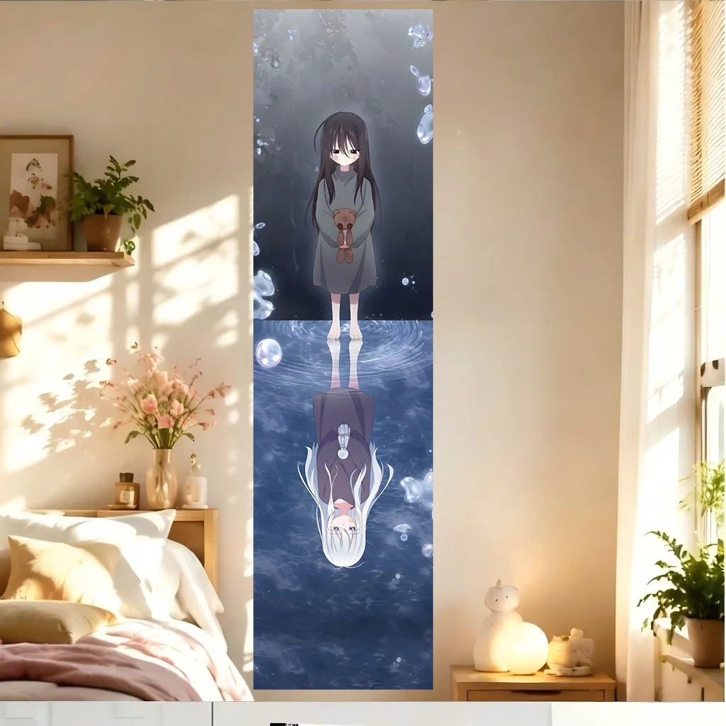 Dark Aesthetic Anime Girl Tapestry Water Reflection Mirror Art Wall Hanging Dorm Bedroom Wall Decor Background Cloth