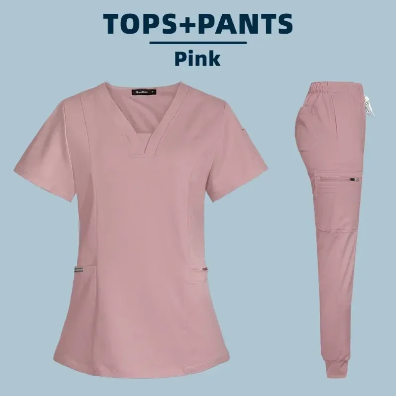 Wholesale Fashion Scrub Suits Hospital Uniform Set Solid Color Unisex Surgical Gown Pocket V-neck Scrubs Set for Women Joggers