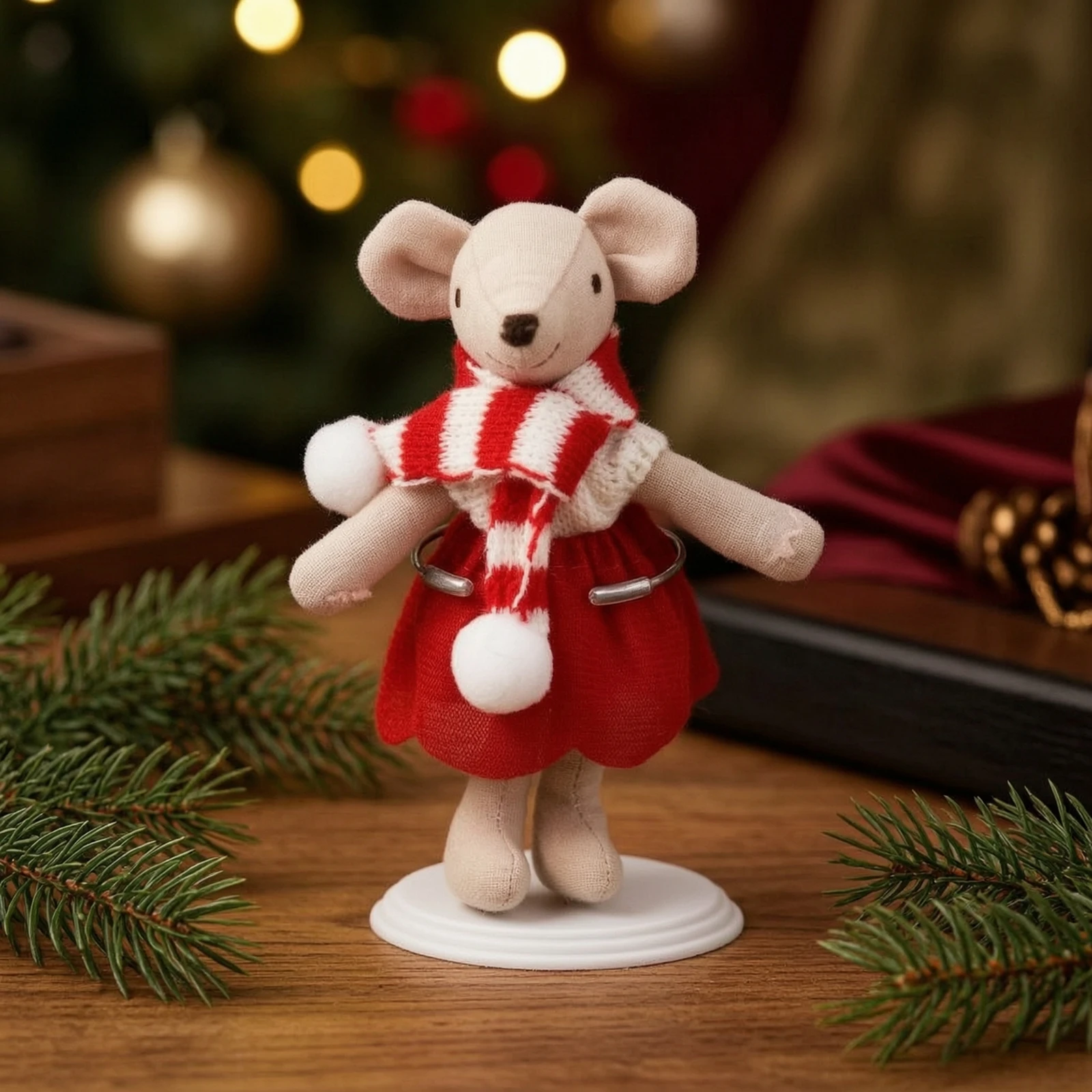 Mouse Figurine with Scarf Decorative Mouse Stuffed Toy Statue Knitted Soft for Collectors, Tabletop, Shelf