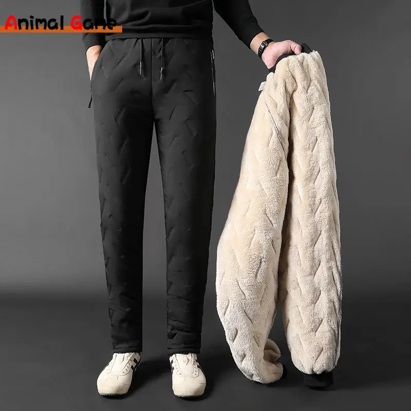 Winter Mens Pants Male Warm Proof Thermal Trousers Loose Zip Pockets Thicken Fleece Sweatpants Men Jogger Black Work 7XL