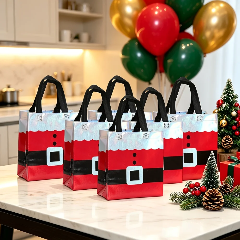 1Pc Reusable Non-Woven Santa Claus Gift Tote Bag, Shiny Santa Belt Print Black Handle Candy Bag for Christmas Cookies Snacks, Wi