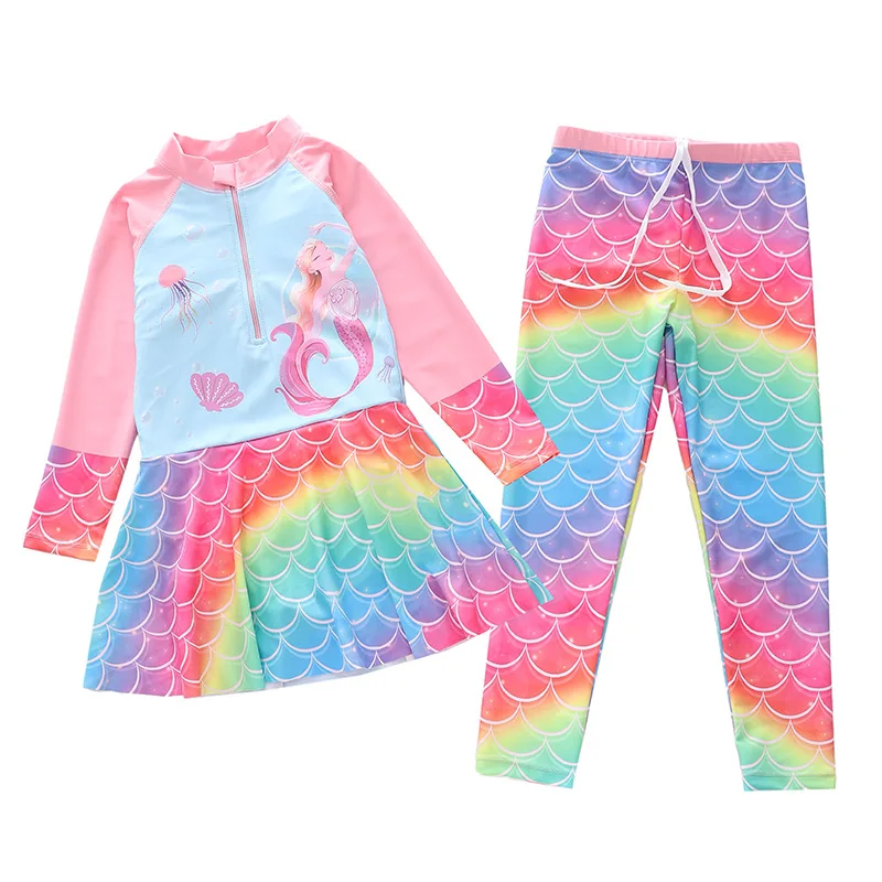 HappyFlute 2PCS/Set Mermaid Print Long Sleeve Dress Style Baby Girl Conservative Sunscreen Travel Swimsuit