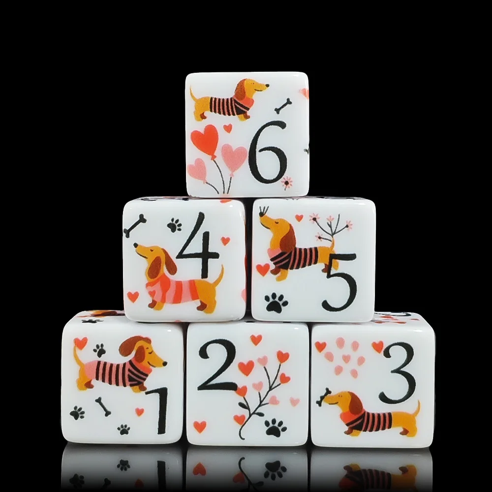 12PCS Cute 16MM D6 Acrylic Dice, Printed Sausage Dog, Heart & Paw Patterns, for DnD Dice Tabletop RPG Board Games Dice