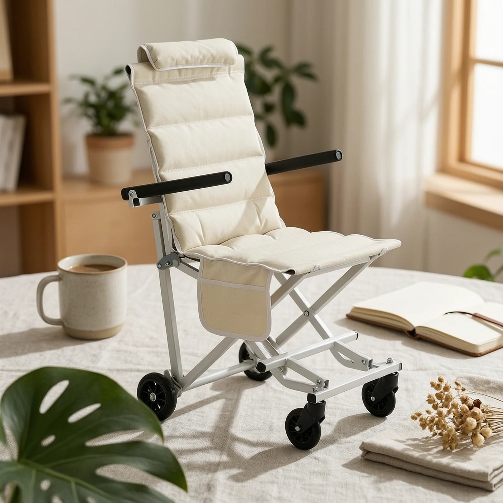 Portable Cart Chair Dolly Foldable Wheeled Push Chair with Armrests Smooth Wheels for Easy Mobility and Outdoor Seating
