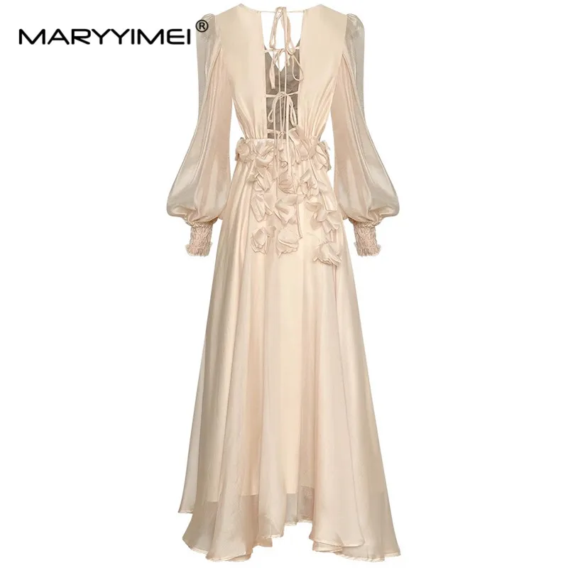 Imagem -02 - Maryyyimei-vestido de Atadura Feminino sem Encosto Decote em v Manga Lanterna Applique Sexy Elegante Festa Feriado Moda Outono