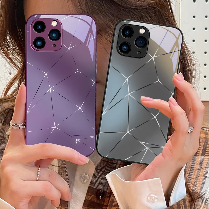 

Lingge Dazzling Light For IPhone 16 Pro Max 15 Pro 14 13 12 Mini 11 XS Max XR 7 8 Plu SE 2022 Tempered Glass Phone Case