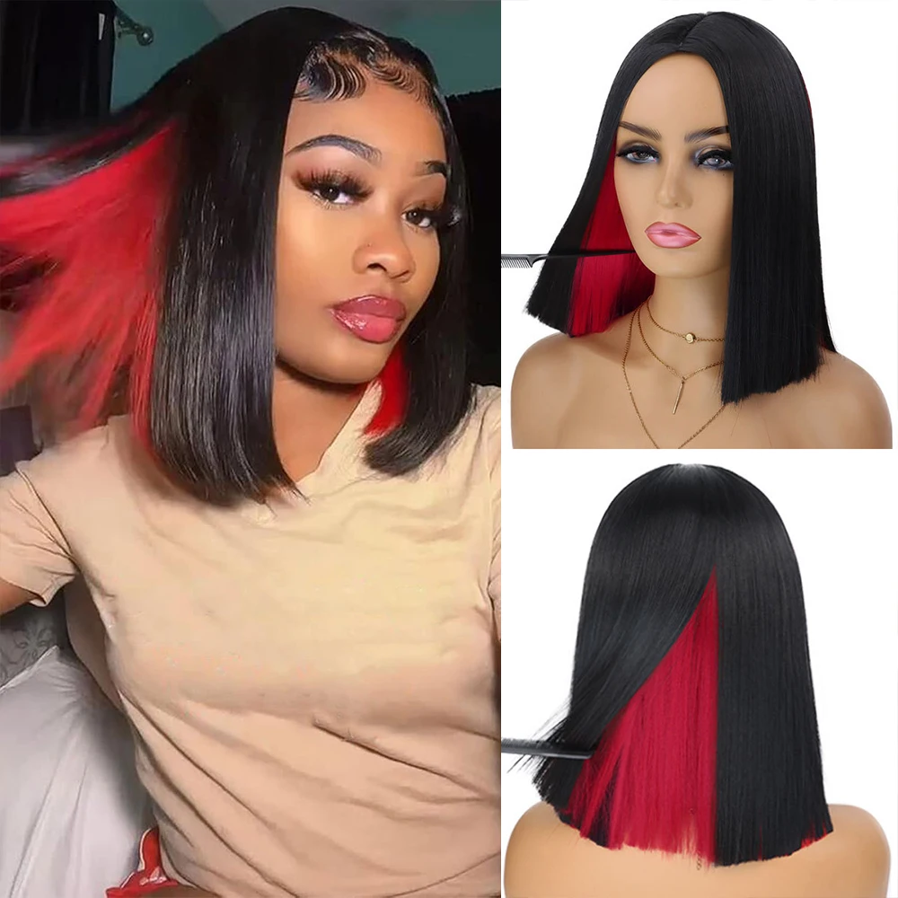 여성용 12인치 피카부 밥 가발, 짧은 스트레이트 밥 가발, 어깨 길이 검정색 및 빨간색 합성 가발, 데일리 파티용