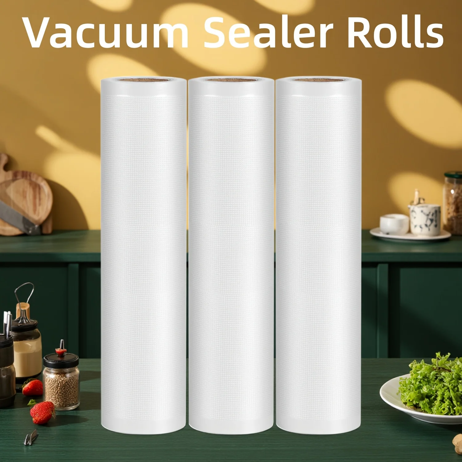 3-Roll Vacuum Sealer Kit: Premium puncture-resistant, free-cut rolls for home/commercial use. PE+PA material, fits most sealers.