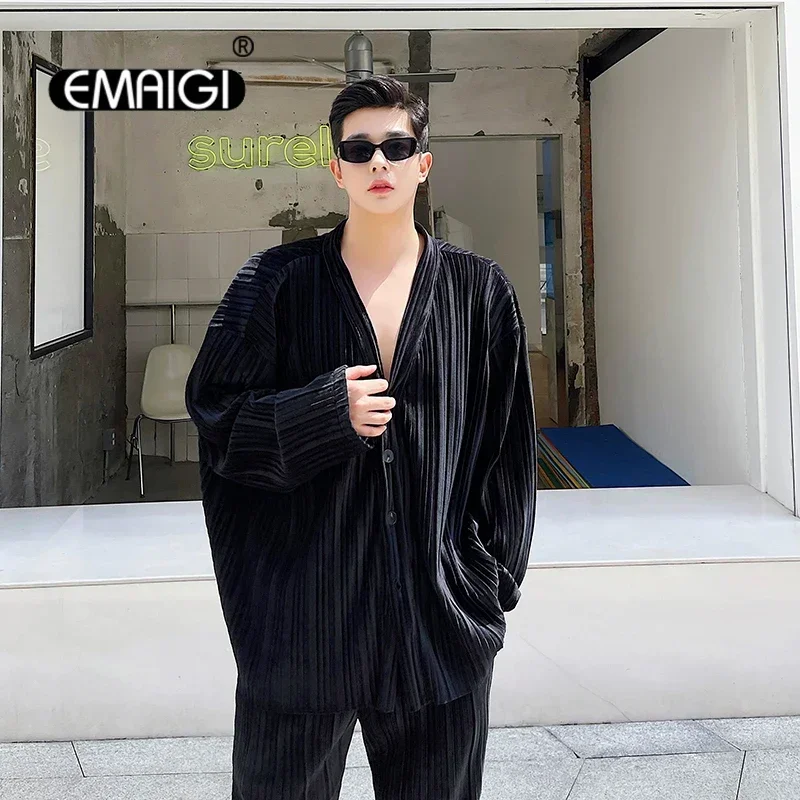 Menswear 2 Piece Sets Pleated Fabric Oversize Loose Casual Long Sleeve Shirt Pant Streetwear Vintage Fashion Shirt Trouser Suits