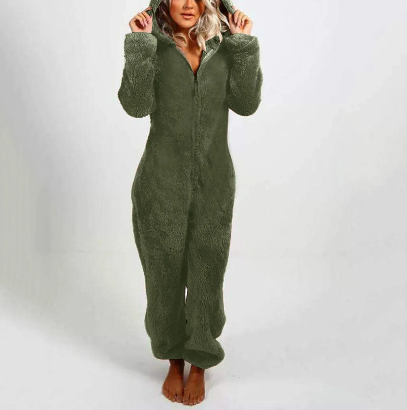 Verdickte pelzige Onesies für Erwachsene, Damenmode, Fleece-Nachtwäsche, Kapuzen-Sets, Pyjamas für Winter-Frauen, warme Samt-Pyjamas – Detail 7