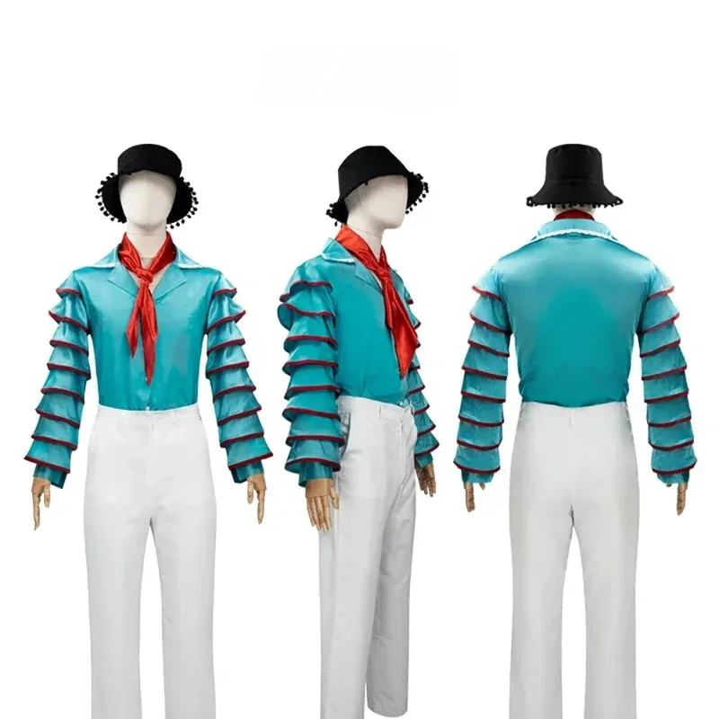 영화 마스크 아이피키스 코스프레 의상 파란색 셔츠 바지 모자 스카프 풀 세트 라 마스카라 역할 놀이 유니폼 슈트 할로윈 파티;3'v