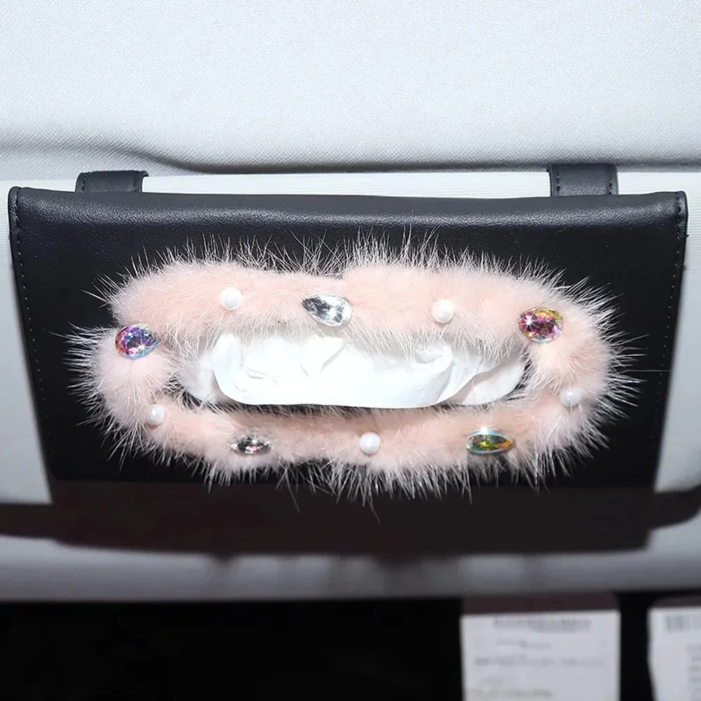 

Furry Car Interior Rearview Mirror Cover with Crystals Sunvisor Tissue Bag for Women Girl Nice Gift