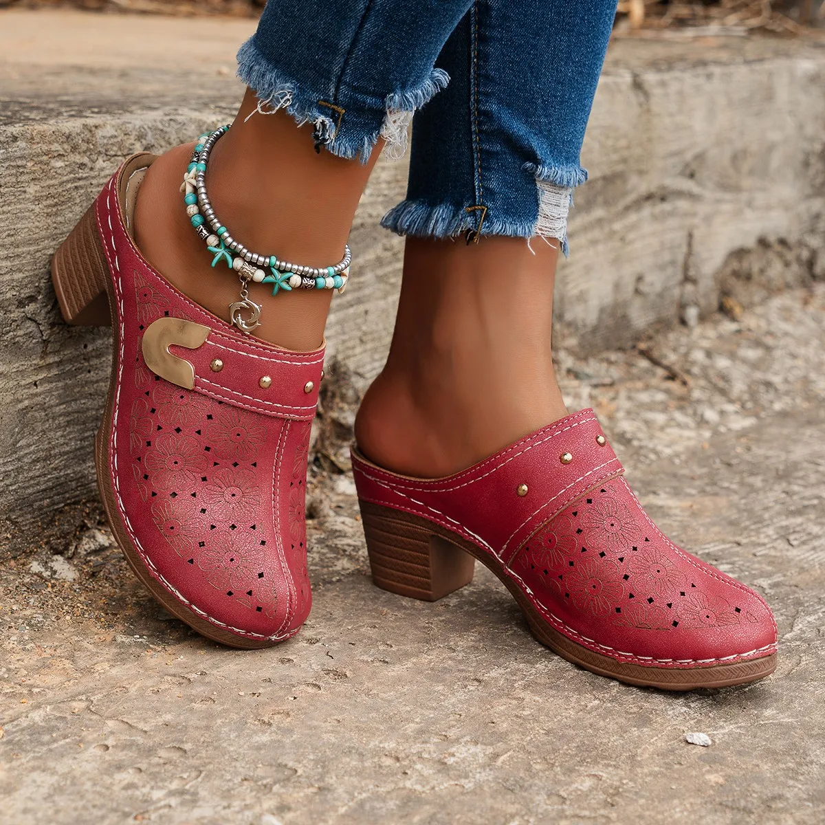 Women Slippers Chunky Heels Women Platform Sandals Height Increase Lady Summer Retro Round Mules Thick Sole Slides Zapatos Mujer
