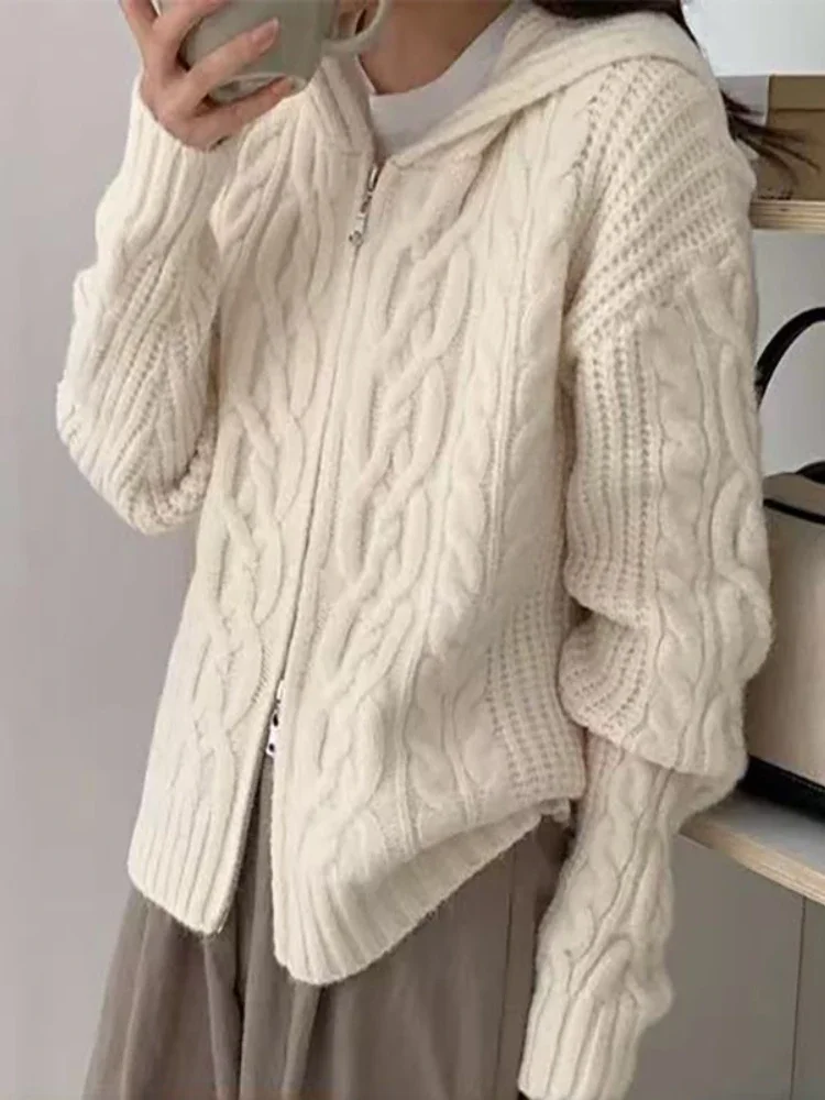 

2024 Winter Korean Fashion New Women's Warm Knitted Woolen Cardigan Hooded Fried Dough Twists Loose Elastic Thickened Coat