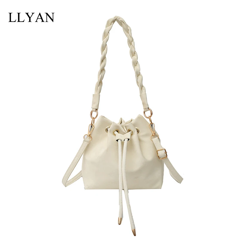 Women Pu Leather Crossbody Bag , Woven Shoulder Strap Design Handbag , Solid Color Drawstring Bucket Bag ,Handbags 2024 New