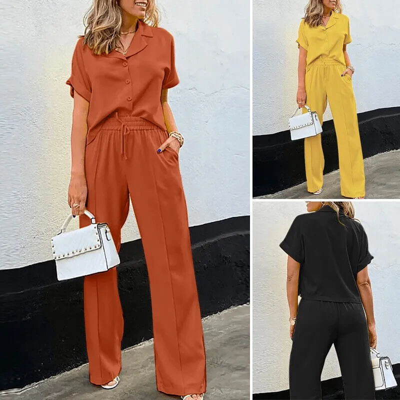 Fashion Short Sleeve Solid Shirt And Pants Two Piece Set Women 2024 Summer Casual Wide Legs 2 Piece Sets For Women