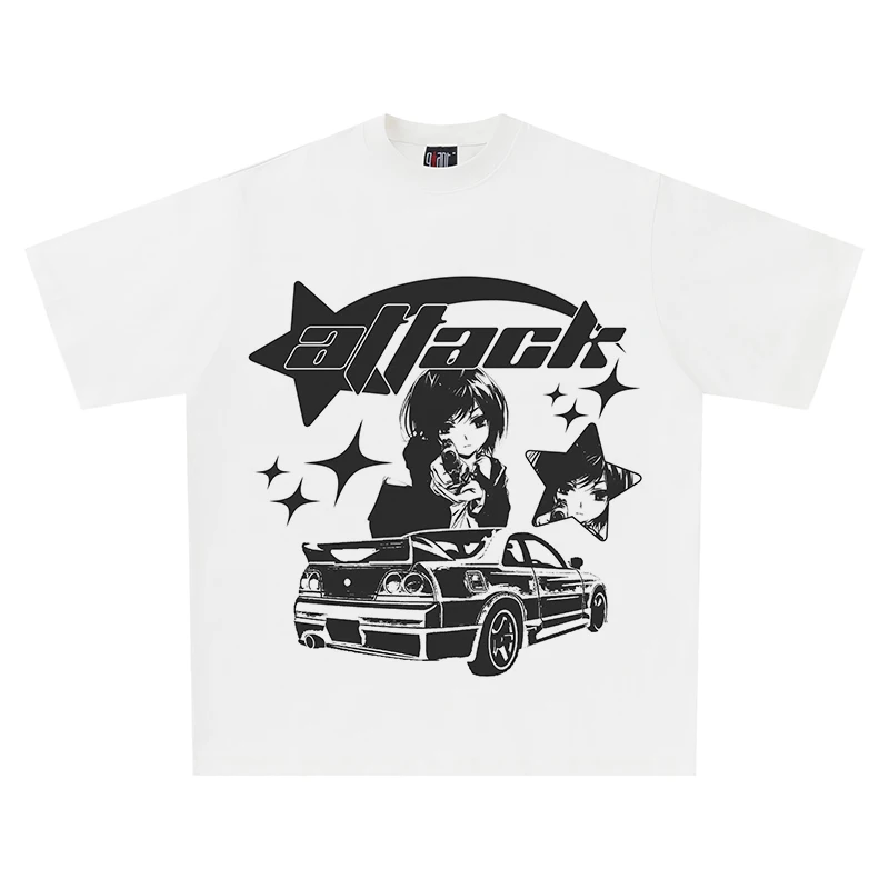 American Retro White Oversized Loose Anime T-shirt Men's and Women's DTG Pattern Trendy Short Sleeved T-shirt Oversize Tops Tees