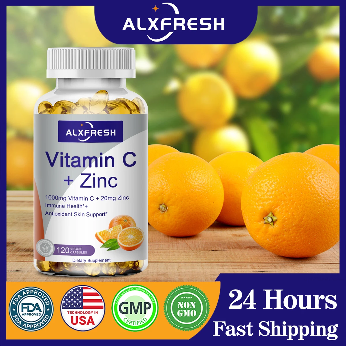 Alxfresh Vitamin C 1000mg with Zinc 20mg | Vitamin Dietery Supplement | Non-GMO & Gluten Free Vegan | for Immune Support Caps