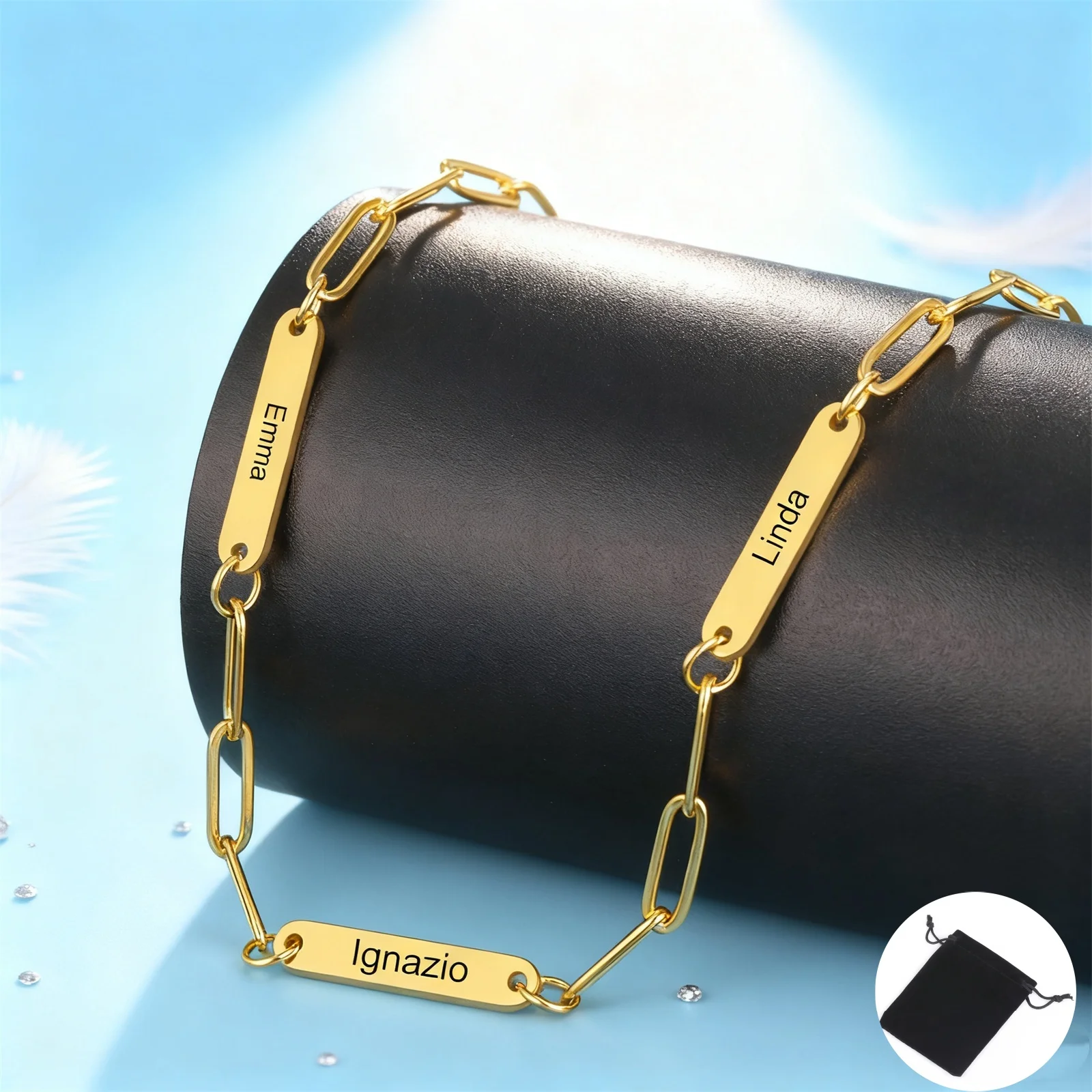 

Minimally customized name paper clip chain necklace personalized 1-3 name family nameplate rectangular chain paper clip chain