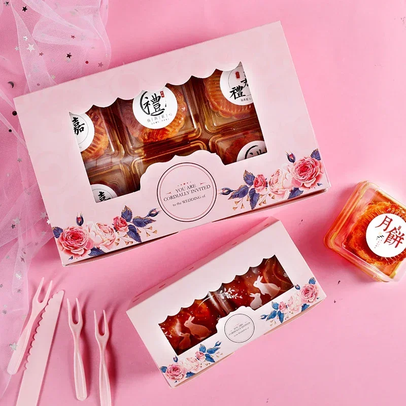 10PCS Paper Gift Box With Window Pink Flower Cupcake Box Packaging Boxs For Cake Candy Cookies Christmas Party Favors