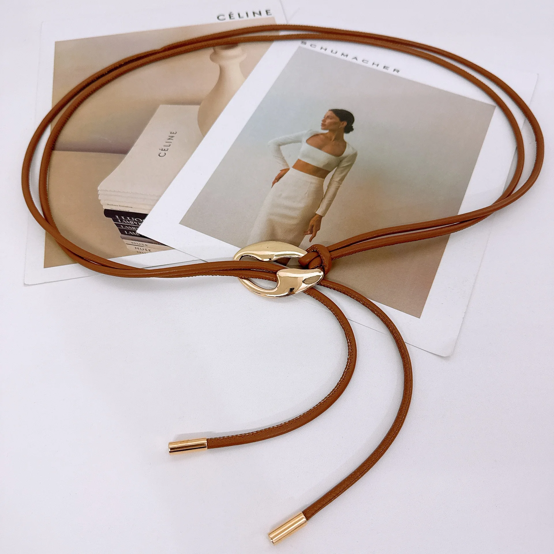 Nuevo cinturón anudado con hebilla de Metal dorado para mujer, cinturones largos de cuero Pu para mujer, vestido, abrigo, faja con correas decorativas