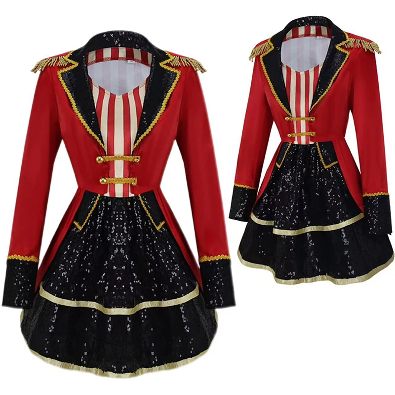 

2026 New Womens Circus Adult Halloween Carnival Cosplay Costume Red Long Sleeves Sequins Dress Lion Tamer Showman Dress Up Set