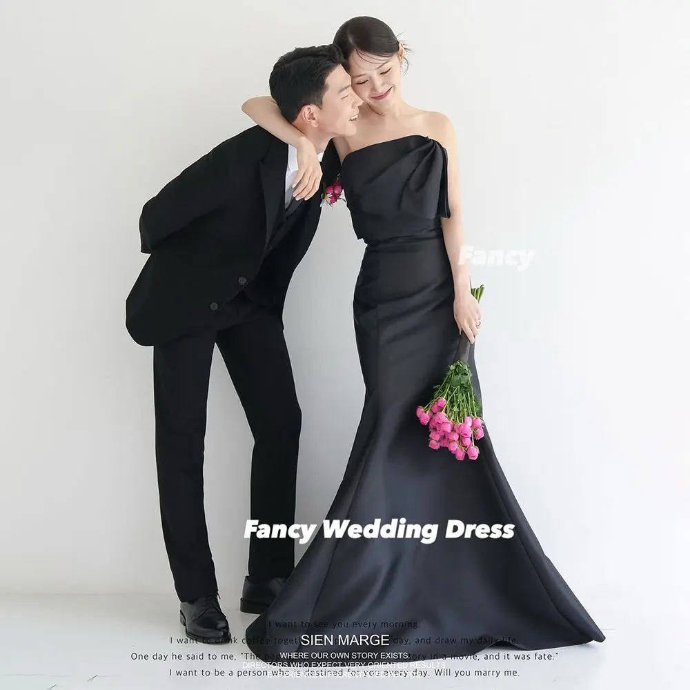 Fancy Simple Black Strapless Evening Dress Mermaid Soft Satin Wedding Dresses Back Corset Customized