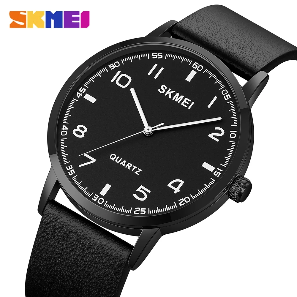 

SKMEI Top Luxury Brand Watch Men Casual Fashion Genuine Leather Wrist Watches Black Classic Waterproof Clock Male Watch