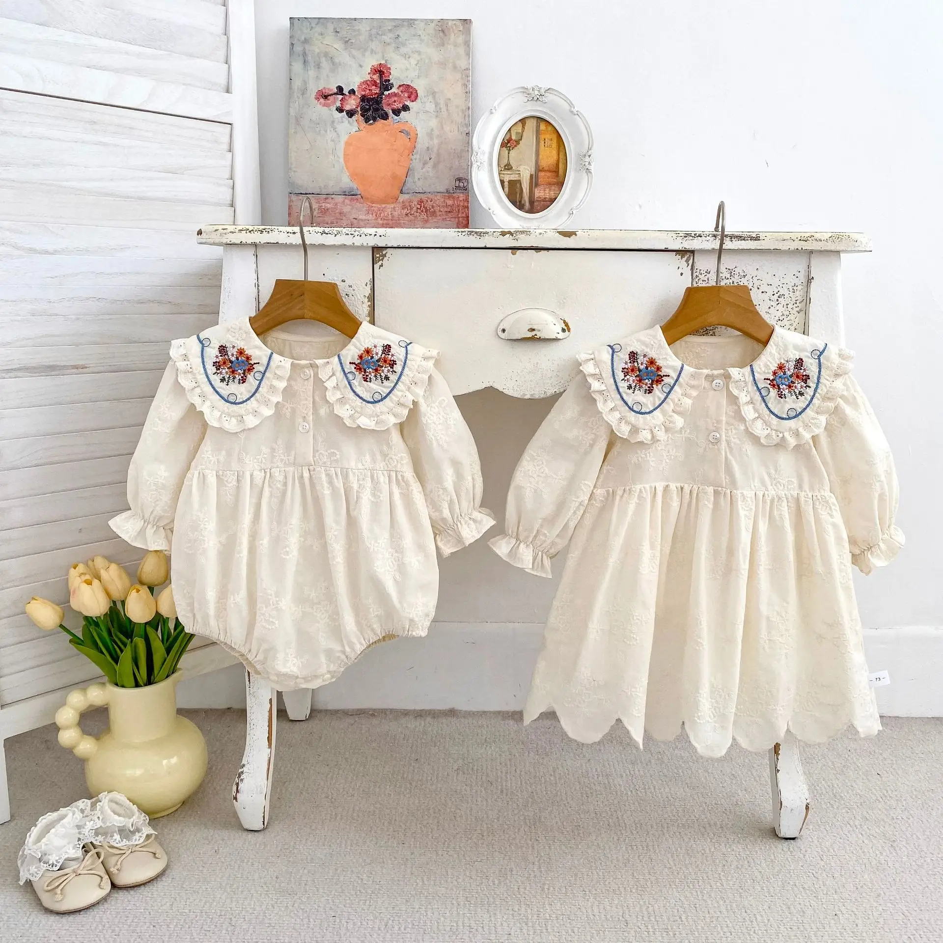2026 Baby Spring Dress New Embroidery Doll Collar Long Sleeve Wrapped Fart Garment Romper Girls' Dress Sisters' Dress