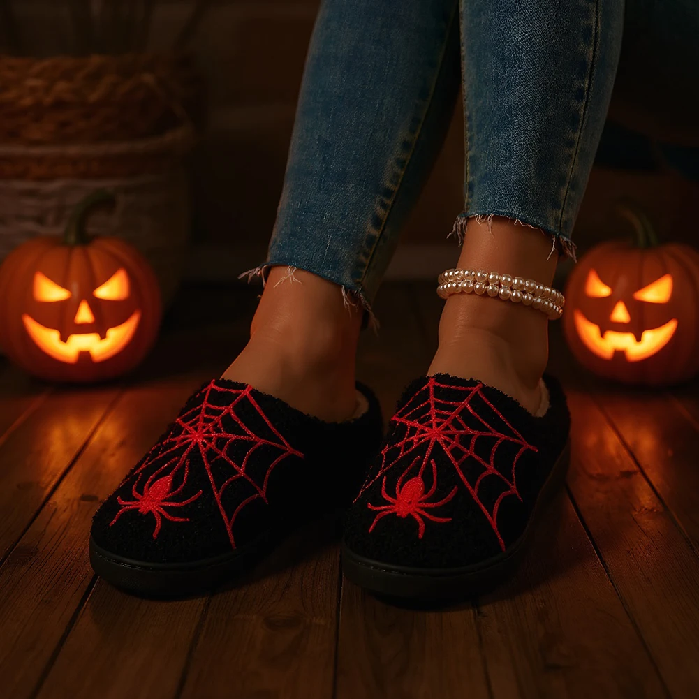 

Halloween Flat Thermal Slippers Anti Slip Comfortable Furry Slippers Spider Web Pattern Soft Plush Slippers for Winter Autumn