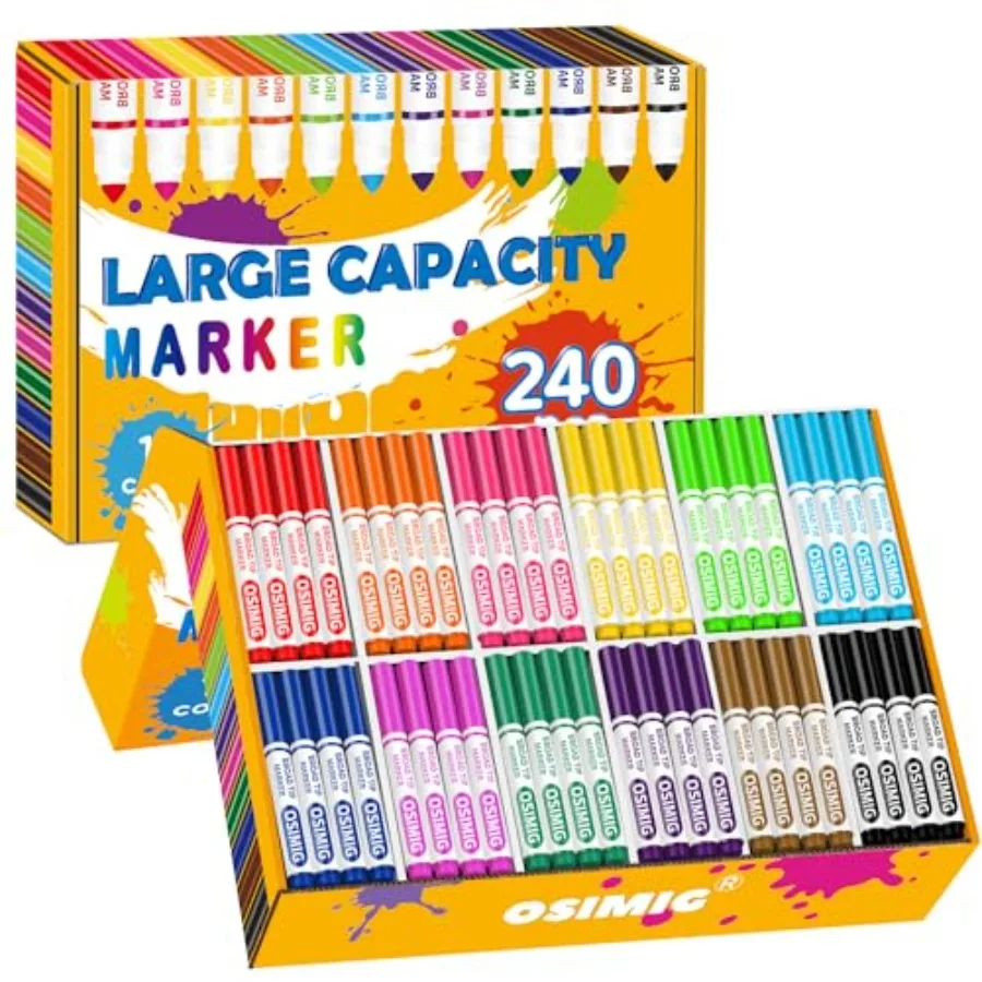 

Washable Markers Bulk 240 Count 12 Assorted Colors Markers for Classroom Broad Line Conical Tip Large Capacity School Art Suppl
