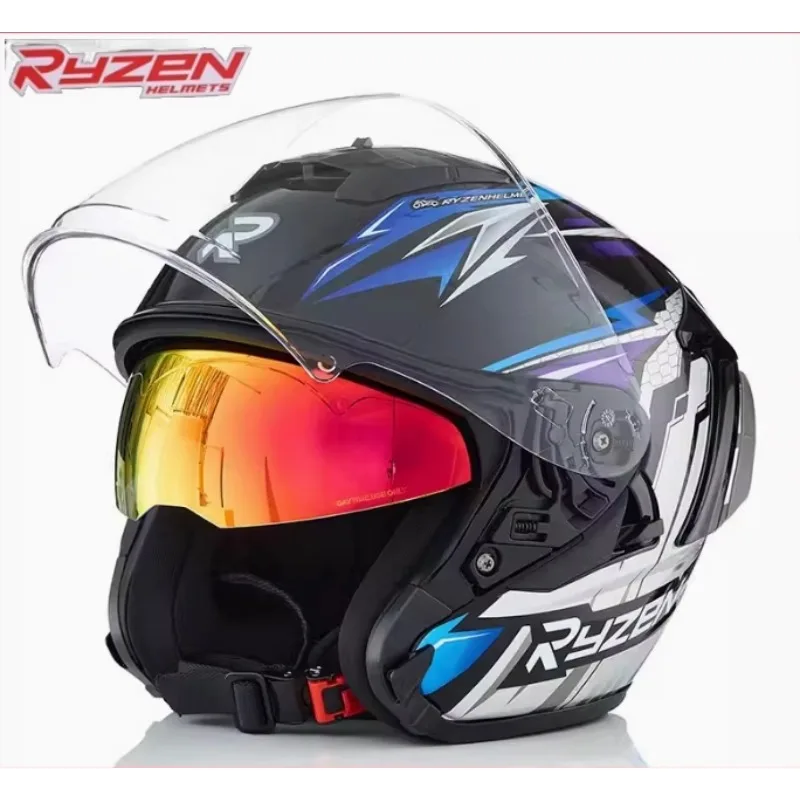 DOT Certification Original Ryzen Motorcycle Helmet Double Lens 3/4 Capacete Black Scooter Motorbike Casco for Honda