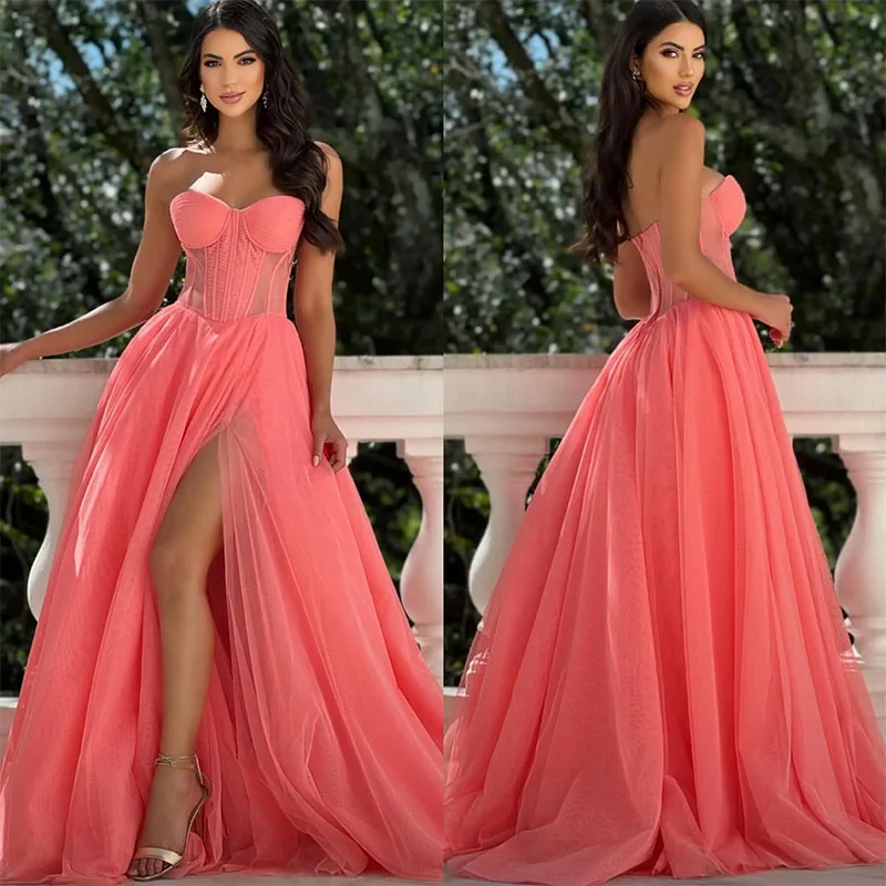 Coral Pink Prom Dress, A-Line, Vestido de noite querido, Ilusão elegante, Vestido para ocasiões especiais, Divisão sem encosto