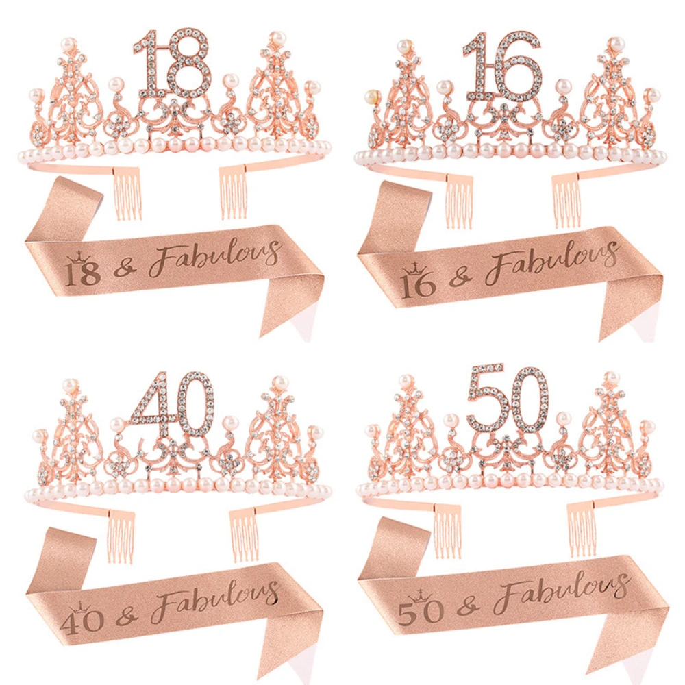 13 16 18 21 30 40 & Fabulous Glitter Sash and Rhinestone Tiara Crown Rose Gold for Girl Women Birthday Party Decoration Supplies