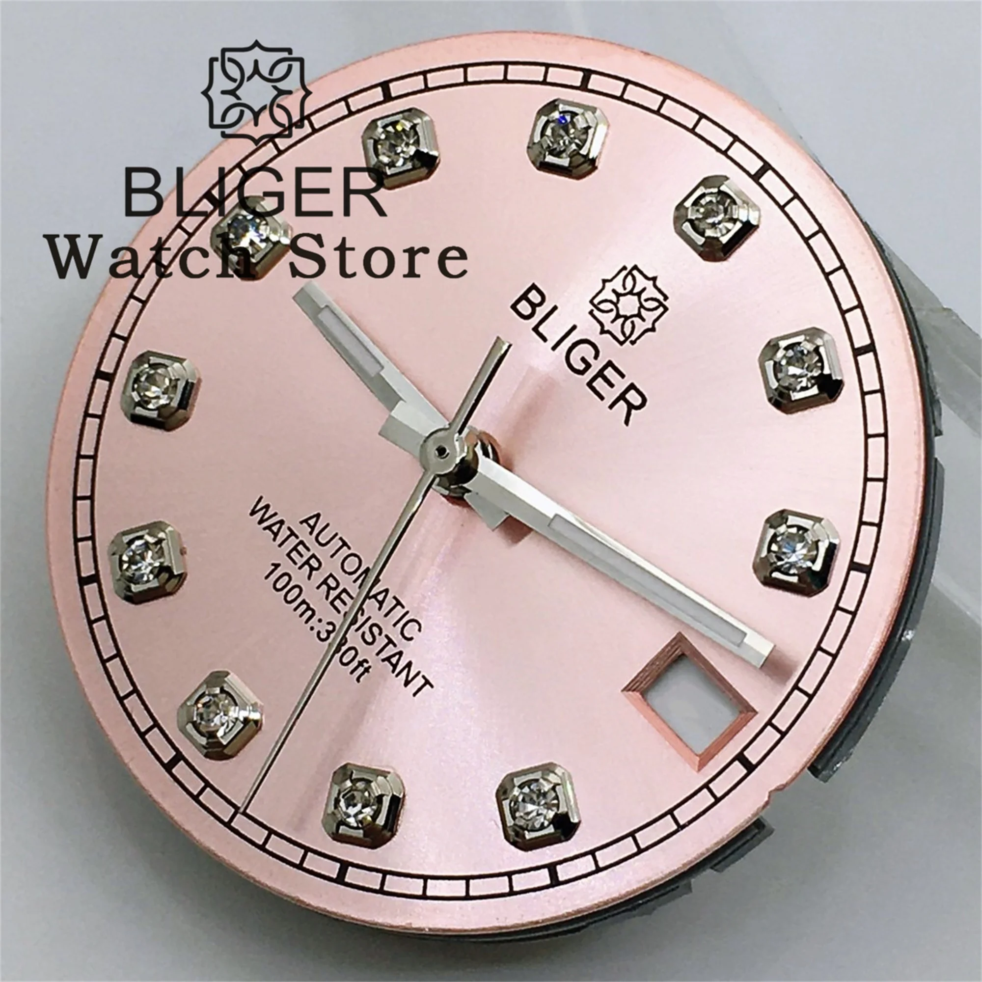 BLIGER/NO Logo 29mm Sunburst Watch Dial With Hands Green Pink Sky blue gold Dial With Diamond Index Date Fit NH35 NH36 Movement