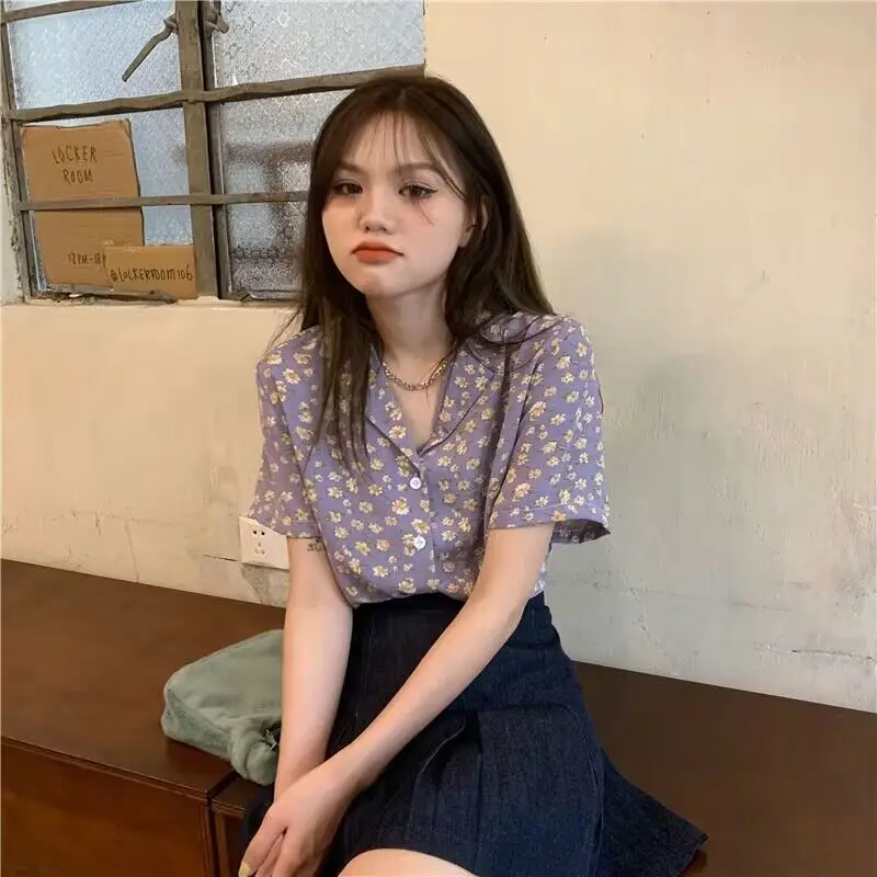 

Retro Korean Sle Floral Print ort Sve irt Women's Ele Design Unique High-End Feel Top Comfortable Loose Fit