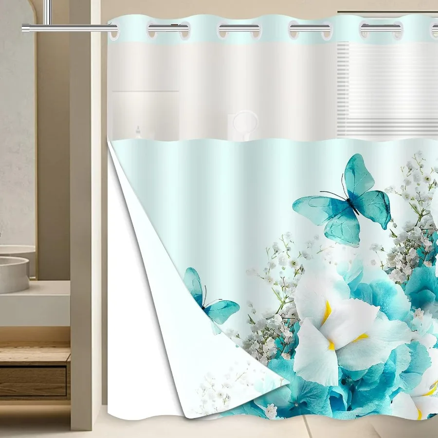 

Набор занавесок для душа с бирюзовыми цветами и бабочками с тканевой подкладкой Snapin для ванной комнаты, двухслойный водонепроницаемый дизайн 71 x 74 дюйма
