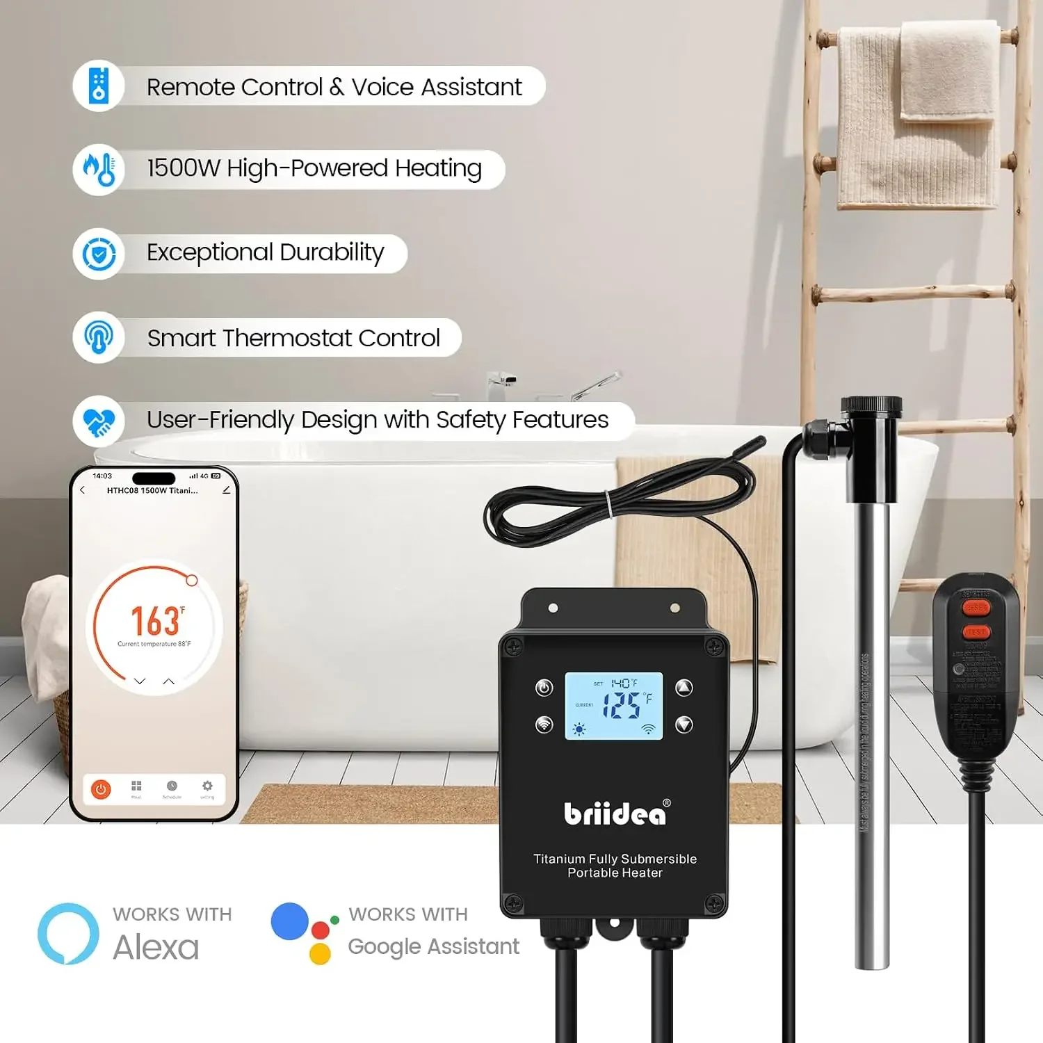 120V 1500W WiFi Portable Electric Immersion Water Heater, Compatible with Smart Life APP, Compatible with Alexa, Google Assistan