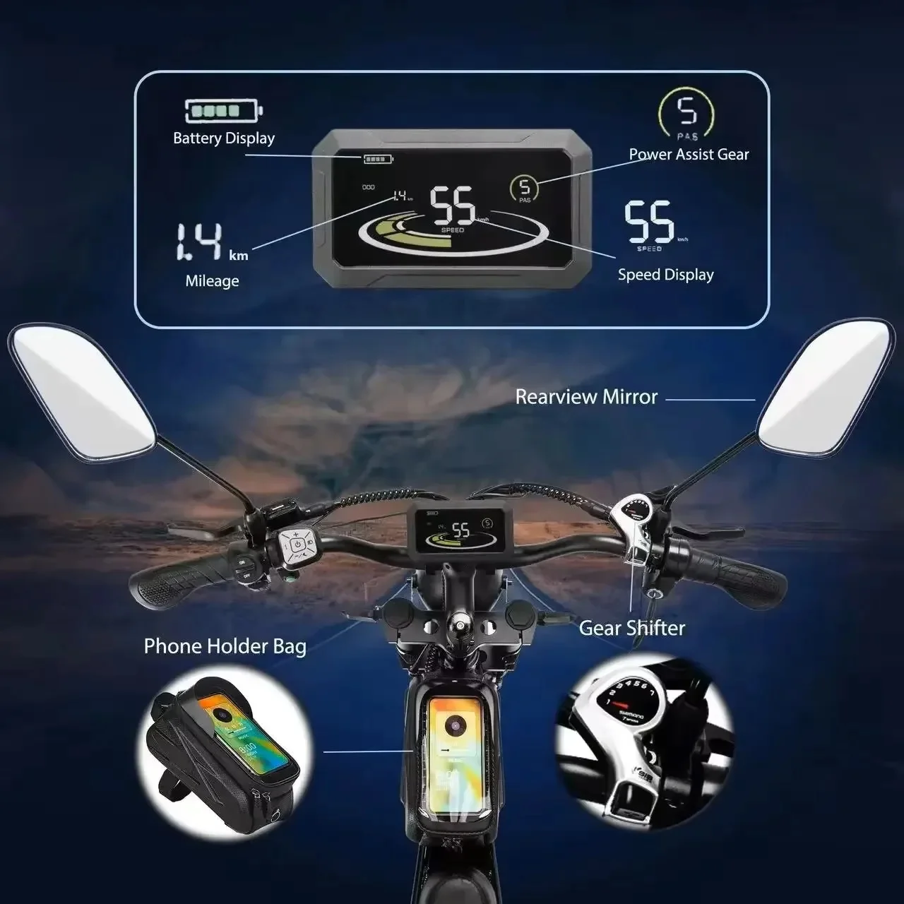 Bicicleta Eléctrica YVY/RAYZEPH C20 Max 2026, 52V 40Ah, Batería Doble, Shimano 7 Velocidades, Llantas Gruesas de 20 Pulgadas, Bicicleta Eléctrica Todoterreno