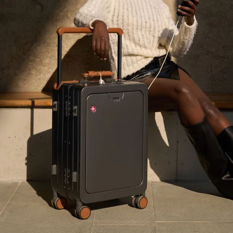 Double-layer explosion-proof zipper suitcase 20 inches boarding case front open lid business travel trolley case 24 inches