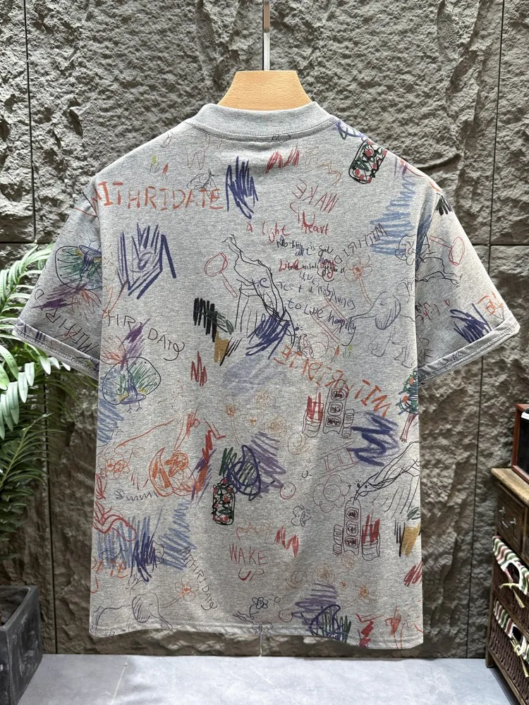 Summer New Male O Neck Loose T-shirts Korean Style Fashion Graffiti Printed Short Sleeved T-shirt Mens Casual Tops Grey Tees