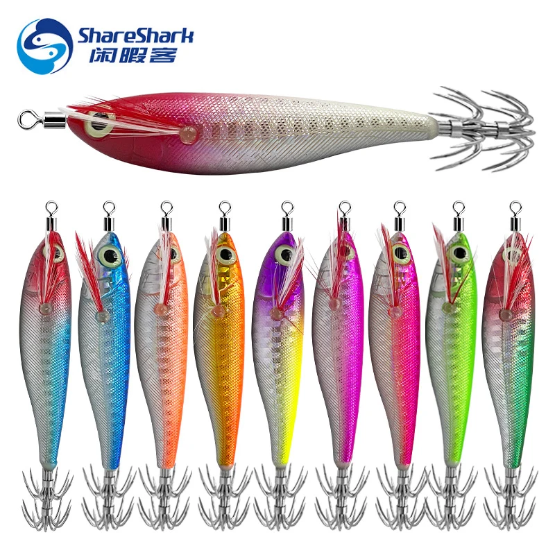 ShareShark 10 Colors 9g Glow-in-the-Dark Wood Shrimp Lure,Squid Hook,Fake Lure,Spray Paint,Laser Spray Laser,Horizontal Shrimp