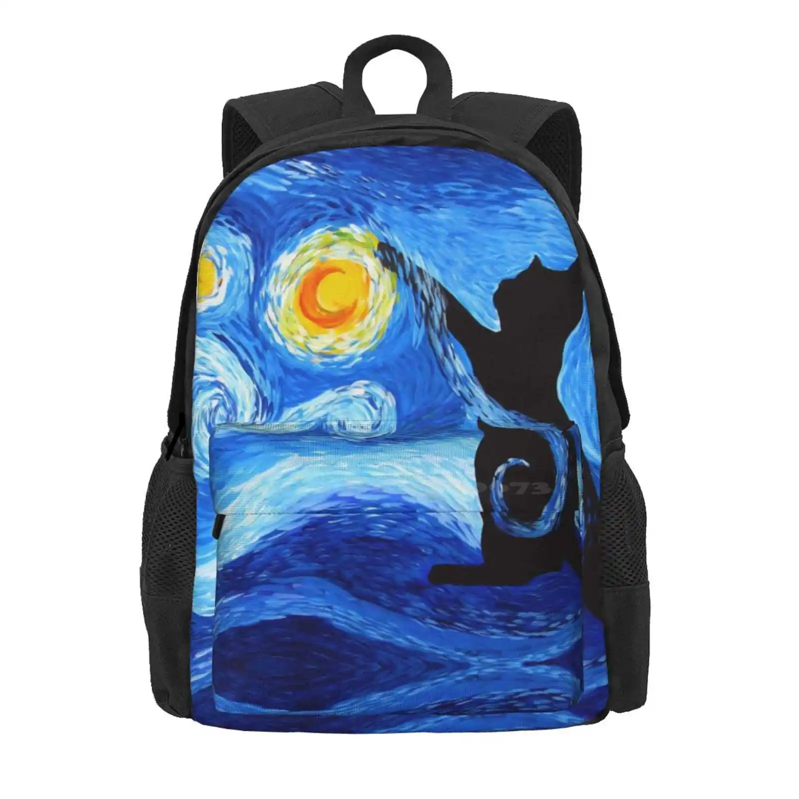 Starry Night Print With A Black Cat Hot Sale Schoolbag Backpack Fashion Bags Black Cats Black Kitten Starry Night Abstract Cat