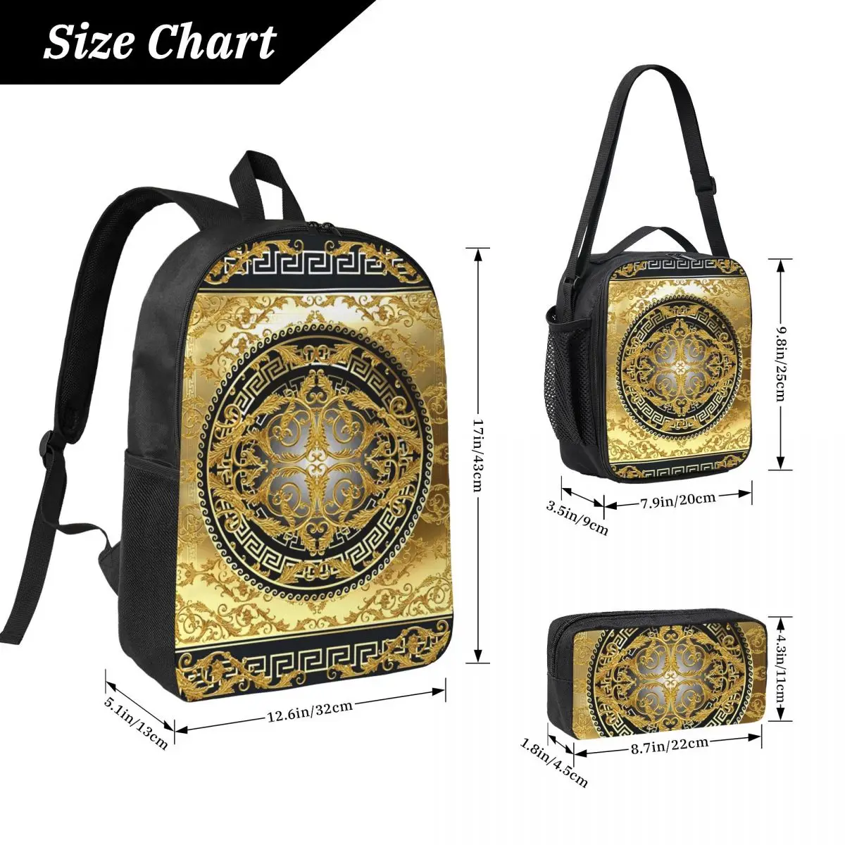 Queen Of Absolutely Everything Gold Baroque Backpack BookBag School Bag Shoulder Bags 3ps Insulated Lunch Bag Pencil Case
