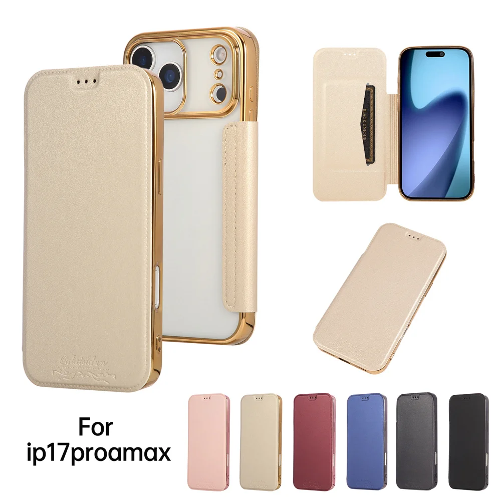 Luxuriöse transparente Flip-Lederhülle mit Kartenfächern für iPhone 18 16 17 Pro Max 14 15 13 12, plattierte weiche Silikonhülle – Detail 2