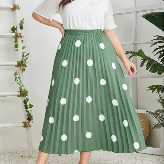 

Women Skirt Plus Size 2023 New Fashion High-waisted Retro Polka Dot Printing Skirt Commute Large Size Lady Green Pleated Skirts